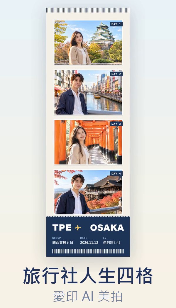 旅行社人生四格範例：登機證版框，底部印旅行社名稱