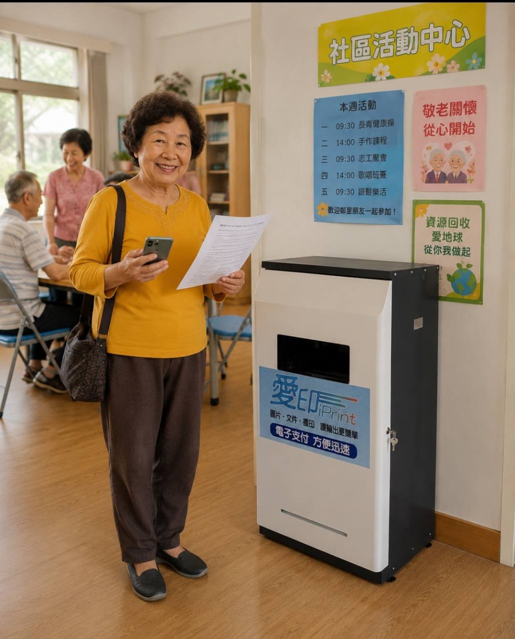 長者在社區活動中心旁拿著文件與手機，愛印iPrint自助設備提供社區24小時手機影印與列印的情境示意