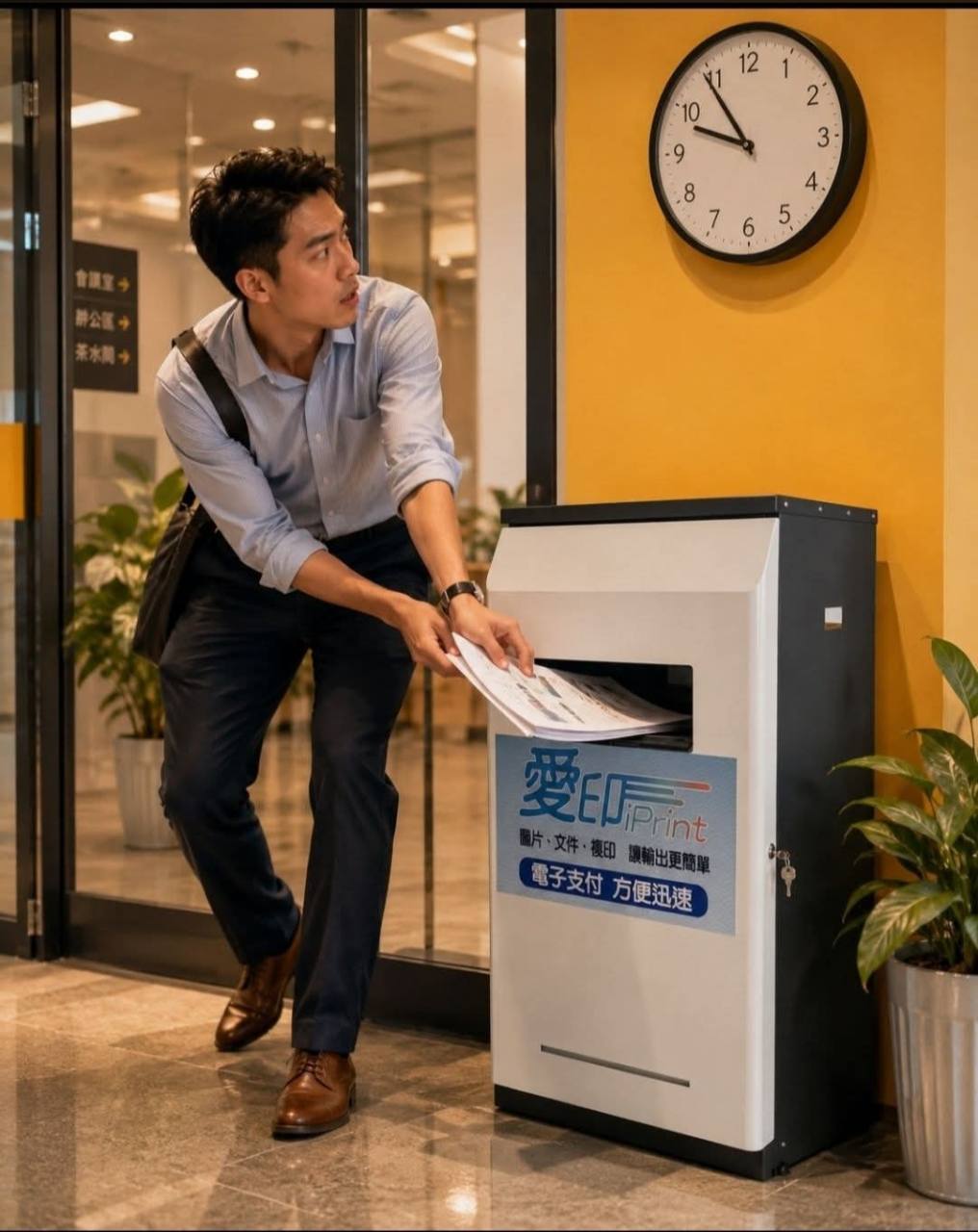 上班族在時鐘旁從愛印iPrint自助設備取出文件，說明下班後24小時自助影印與商務文件列印前檢查