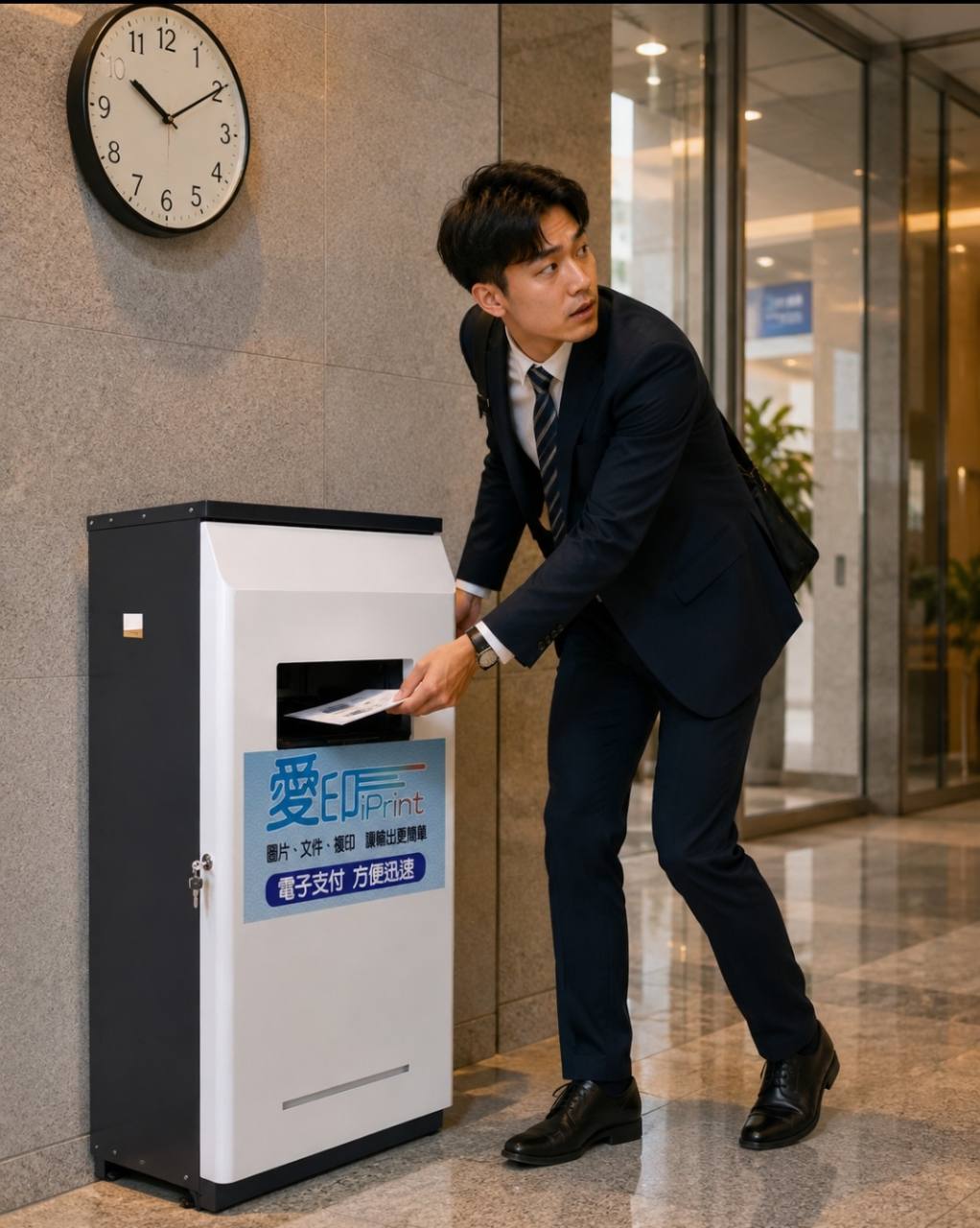 商務人士在時鐘旁從愛印iPrint自助列印設備取出文件，主題是24小時自助影印完成後的取件檢查