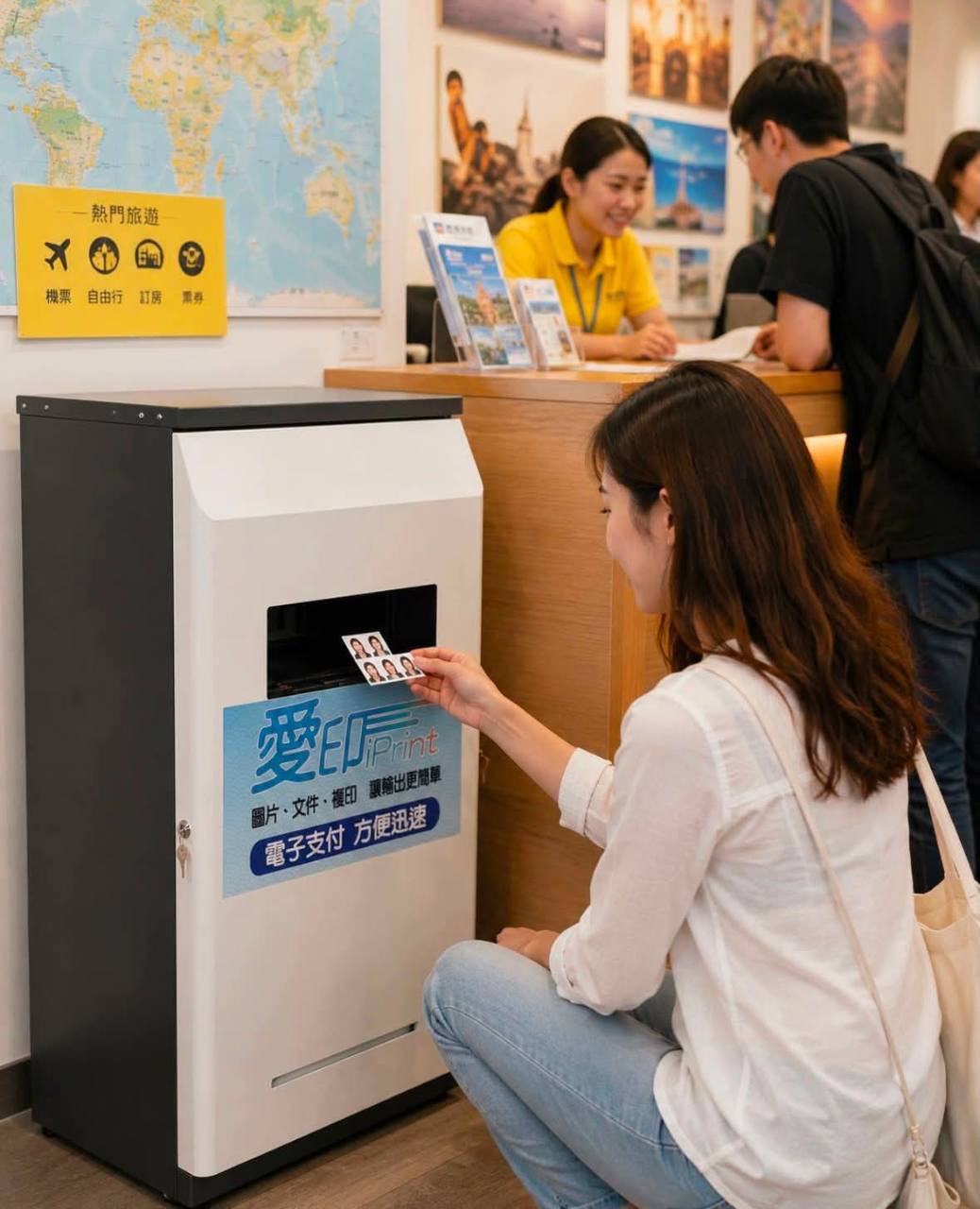 旅客在旅行社情境中從愛印iPrint自助設備取出護照證件照，說明手機拍照上傳、確認與照片列印流程