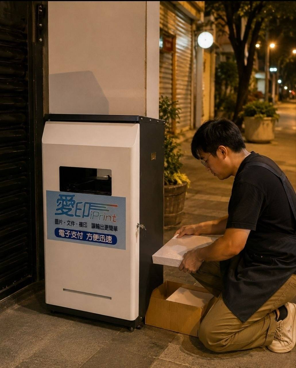 人物在夜間於愛印iPrint自助列印設備旁整理紙張的情境，說明24小時自助影印店補紙、耗材與巡檢安排