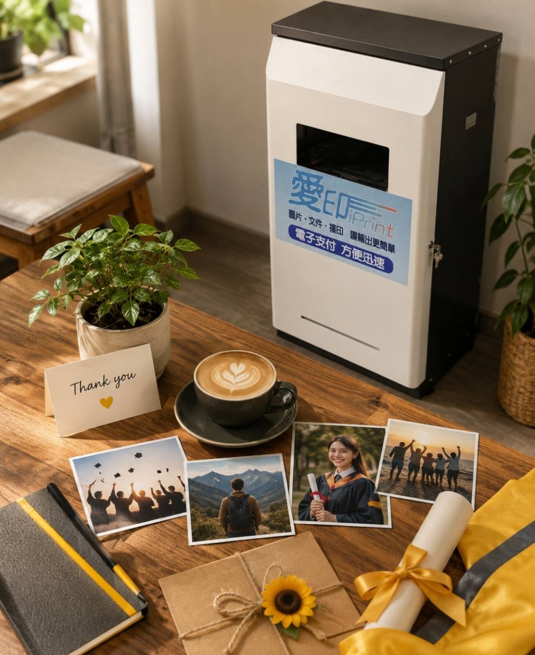 愛印 iPrint 自助列印設備旁擺放畢業照、旅行照與紀念物的情境，說明照片使用相片紙或一般紙的選擇