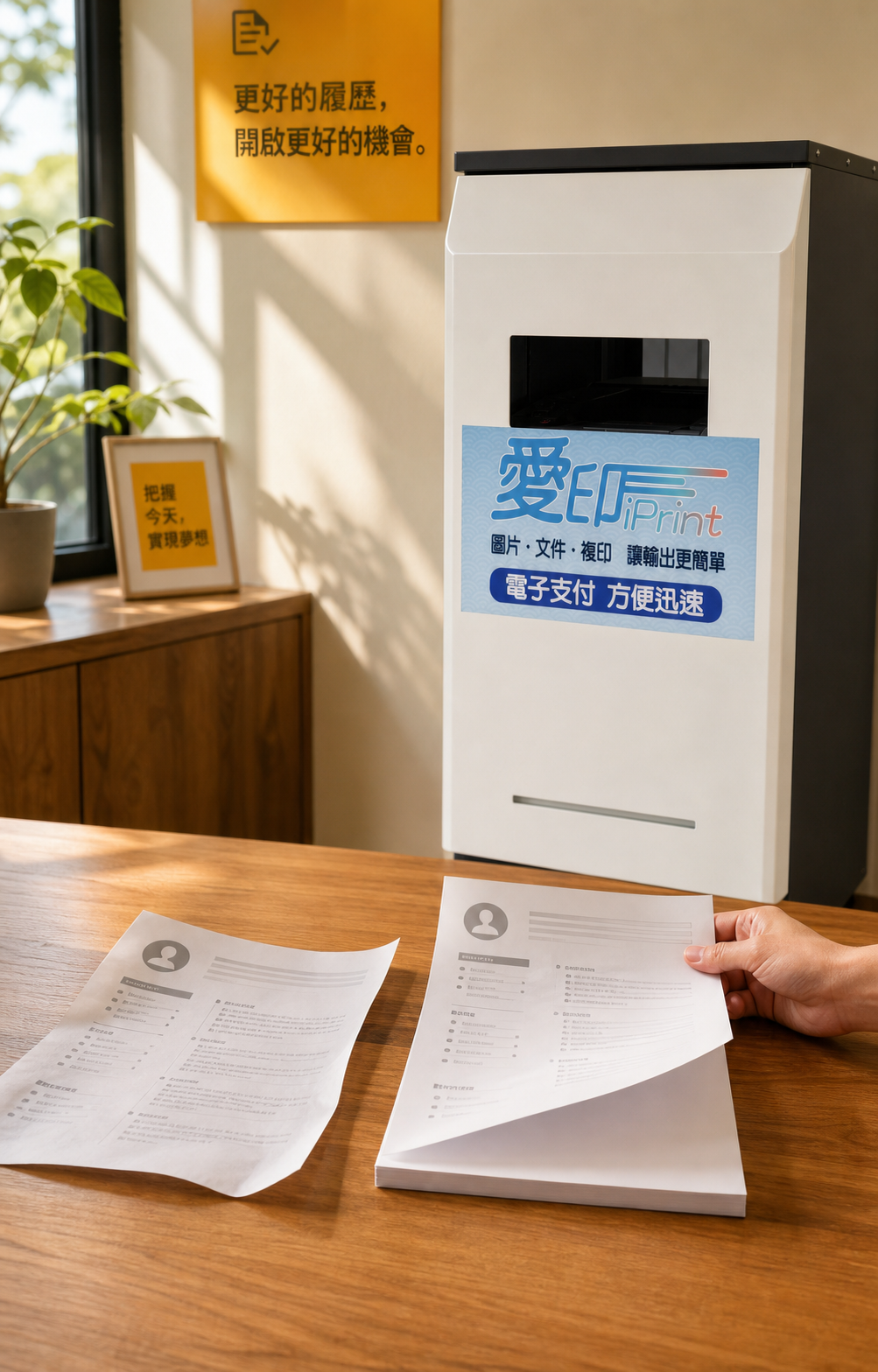愛印 iPrint 標準自助列印機箱旁放著履歷紙張與咖啡，說明履歷列印前用手感比較紙張的情境