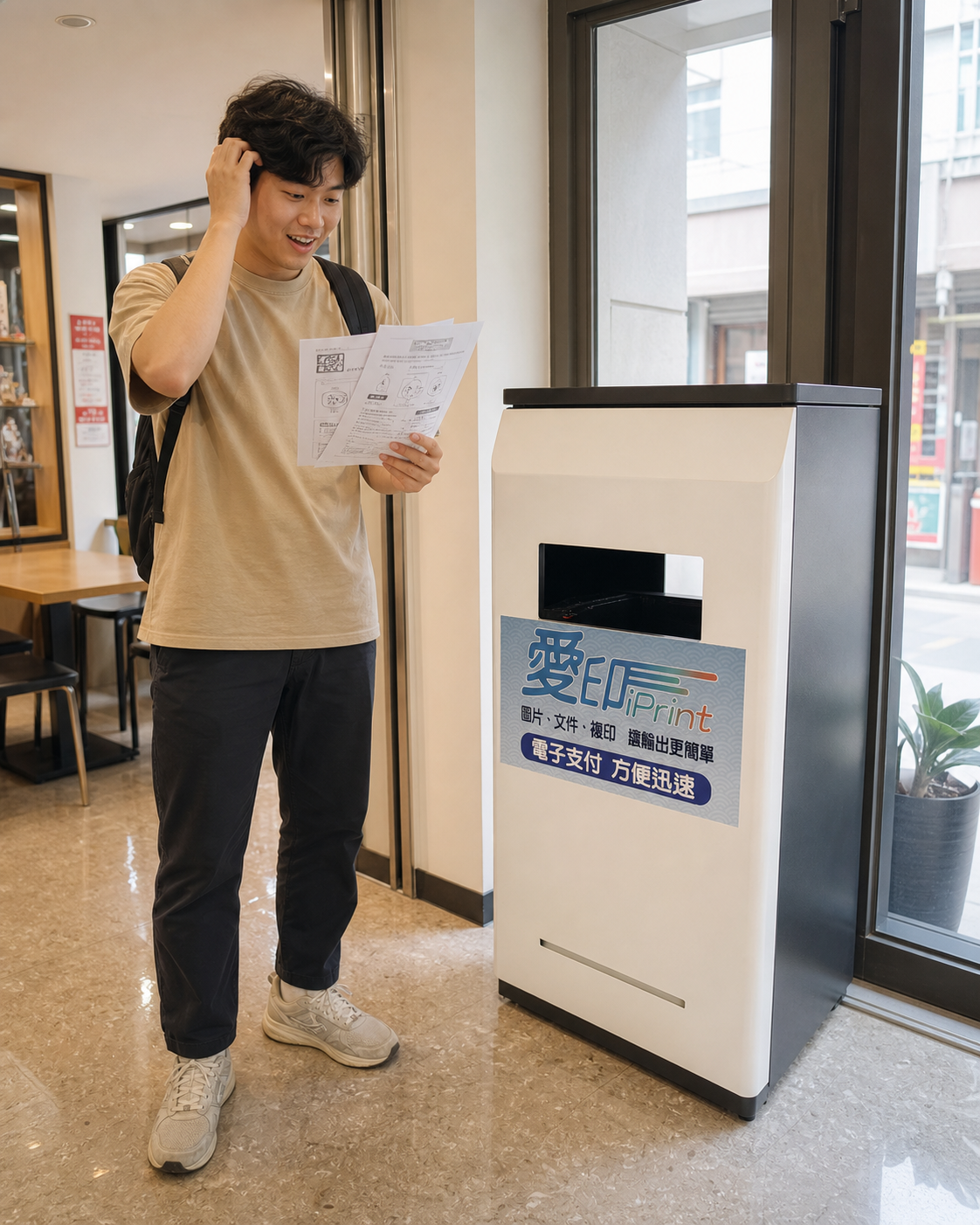 使用者在愛印 iPrint 標準自助列印機箱旁整理證件、票券、報告與表單，準備臨時列印