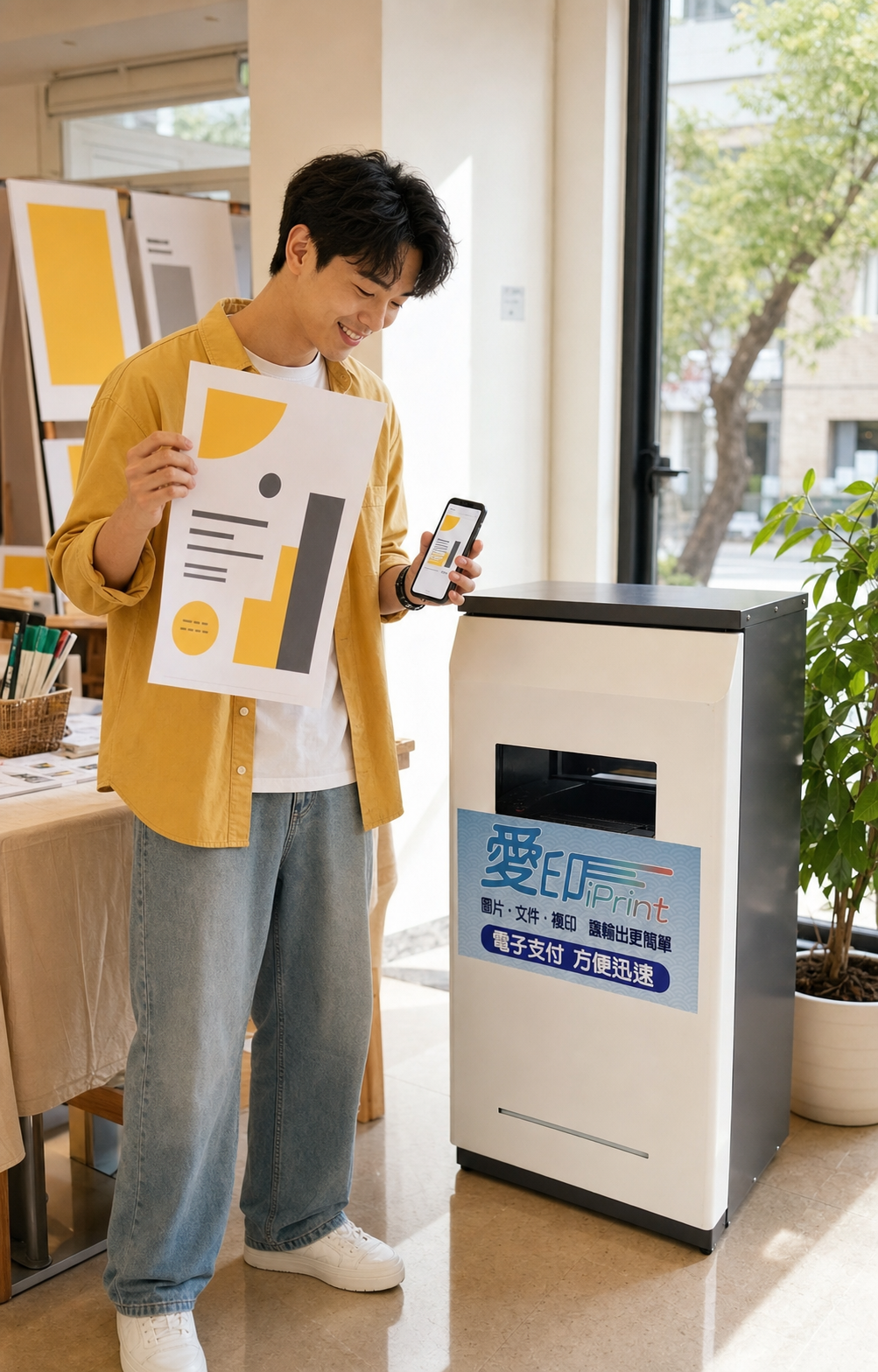 愛印 iPrint 標準機箱旁，使用者在活動前整理海報與紙本資料的情境示意
