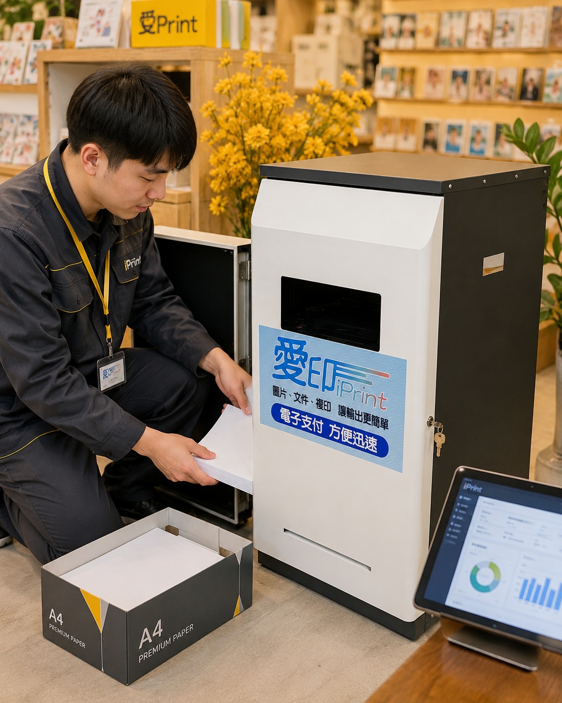 人員為愛印 iPrint 自助列印設備補充紙張並進行現場檢查的情境示意