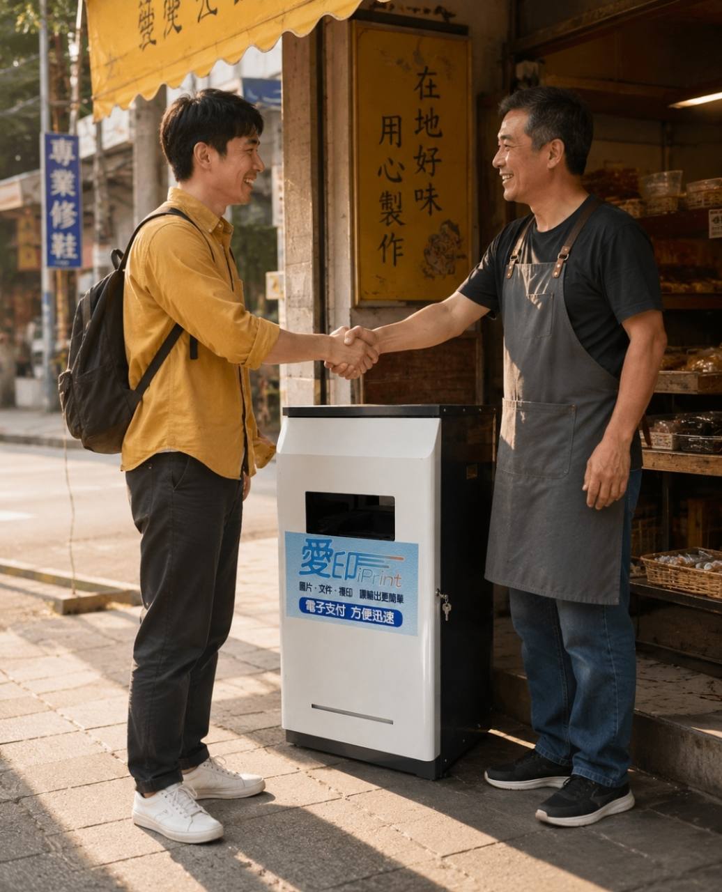 兩人在台灣店面前握手，旁邊放置愛印 iPrint 自助列印設備，示意店家洽談自助影印機合作