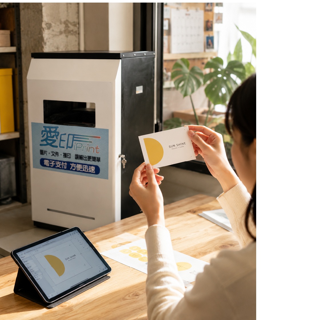 使用者在平板查看設計稿並拿著印刷小卡檢查，旁邊有愛印 iPrint 自助列印設備，示意少量試印前校稿