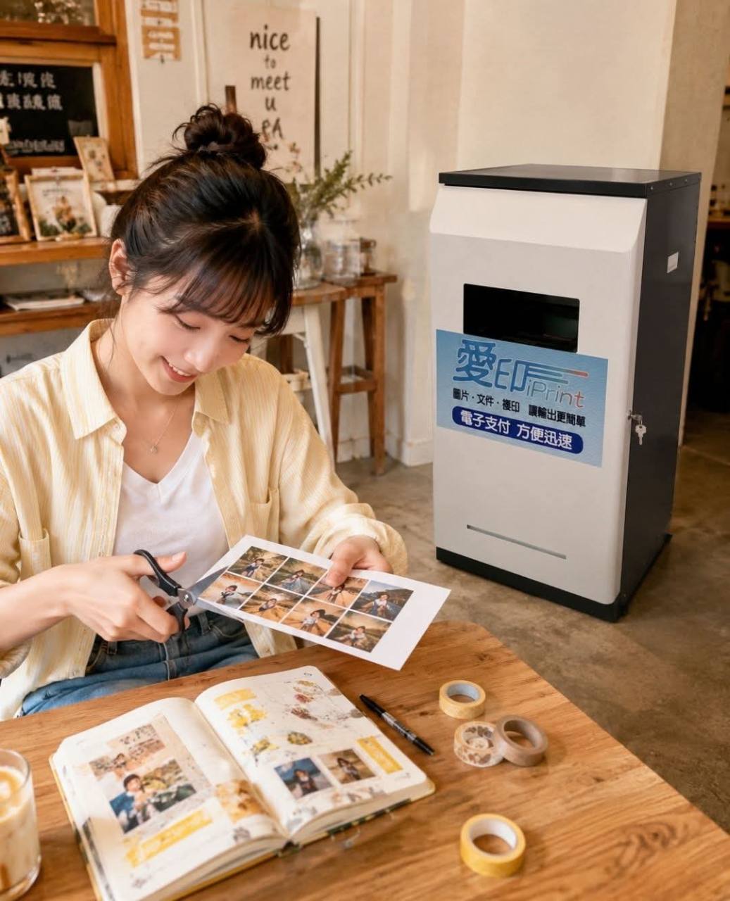 使用者在桌前剪下多張照片拼貼，旁邊有愛印 iPrint 自助列印設備，示意手帳照片排版與列印
