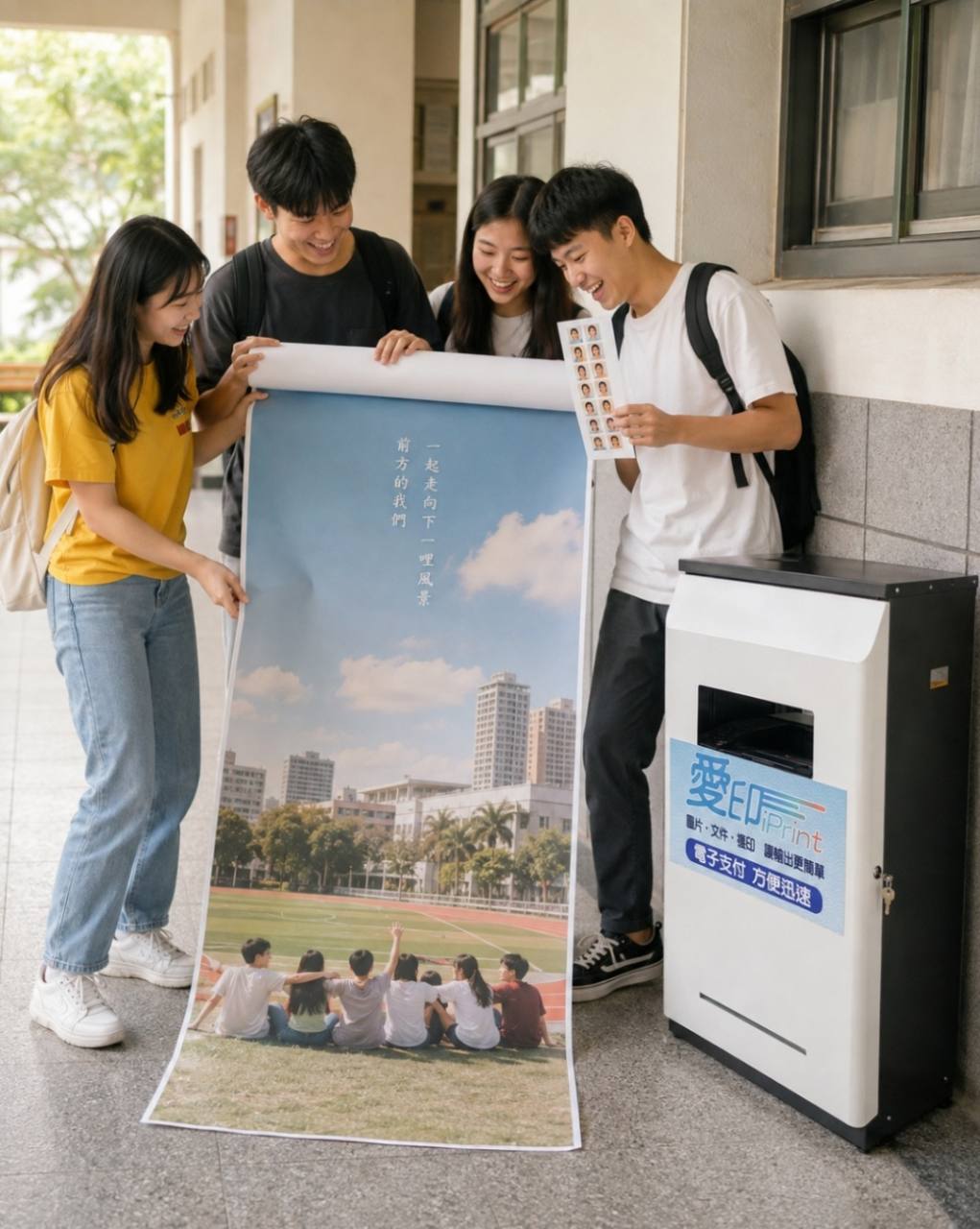 台中校園走廊的學生展開大型活動海報並查看照片，示意列印前檢查與避免印錯重印