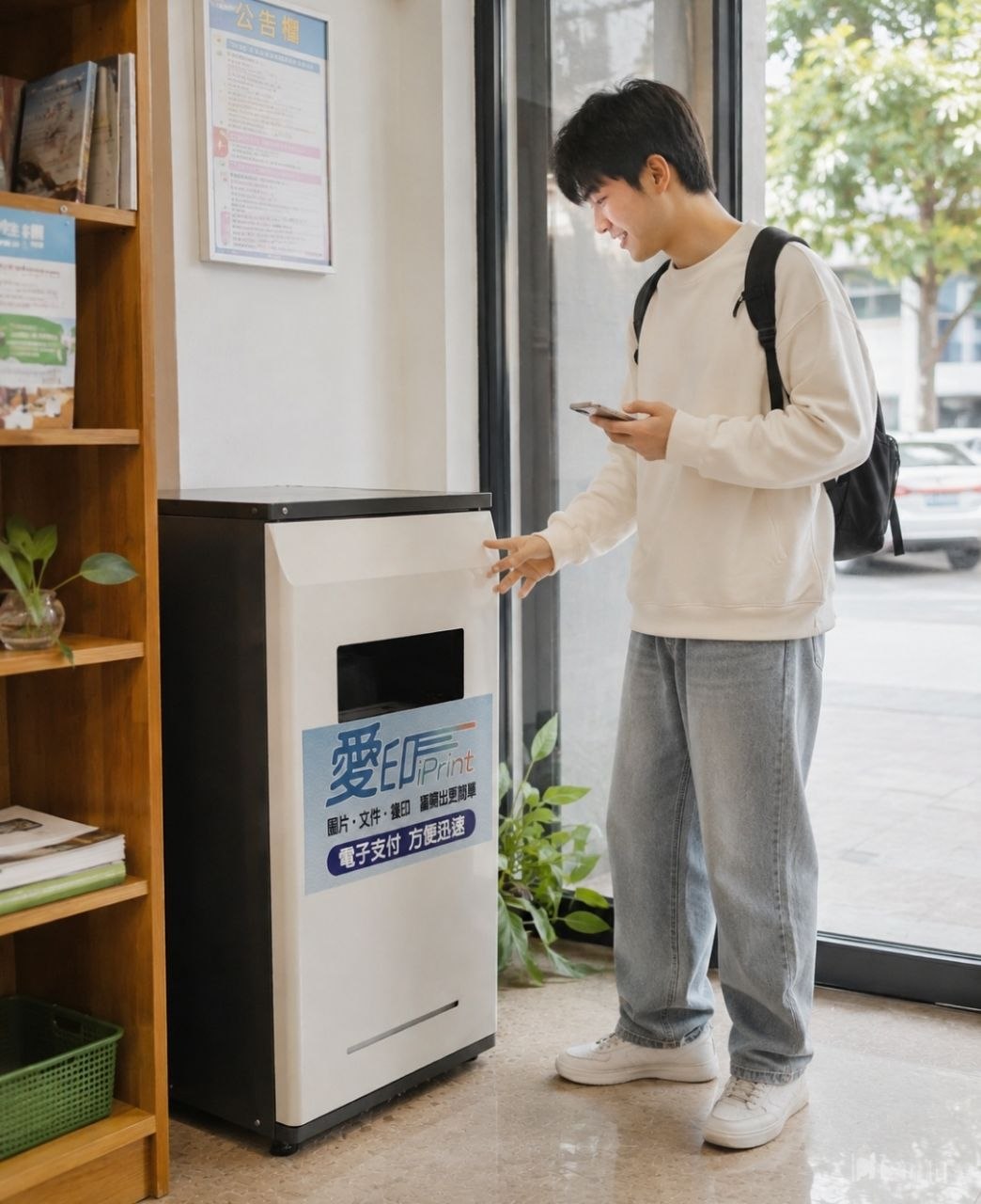 年輕人在店內自助列印機台前用手機操作的情境示意圖