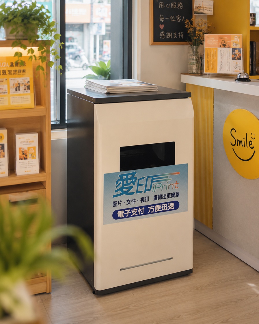 自助列印機台放在店內一角、旁邊有木質書架與櫃台的場域合作情境示意圖