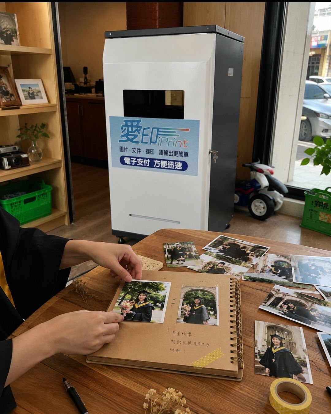 穿學士服的人在木桌前把畢業照片貼進牛皮紙相冊、背景有自助列印機台的情境示意圖