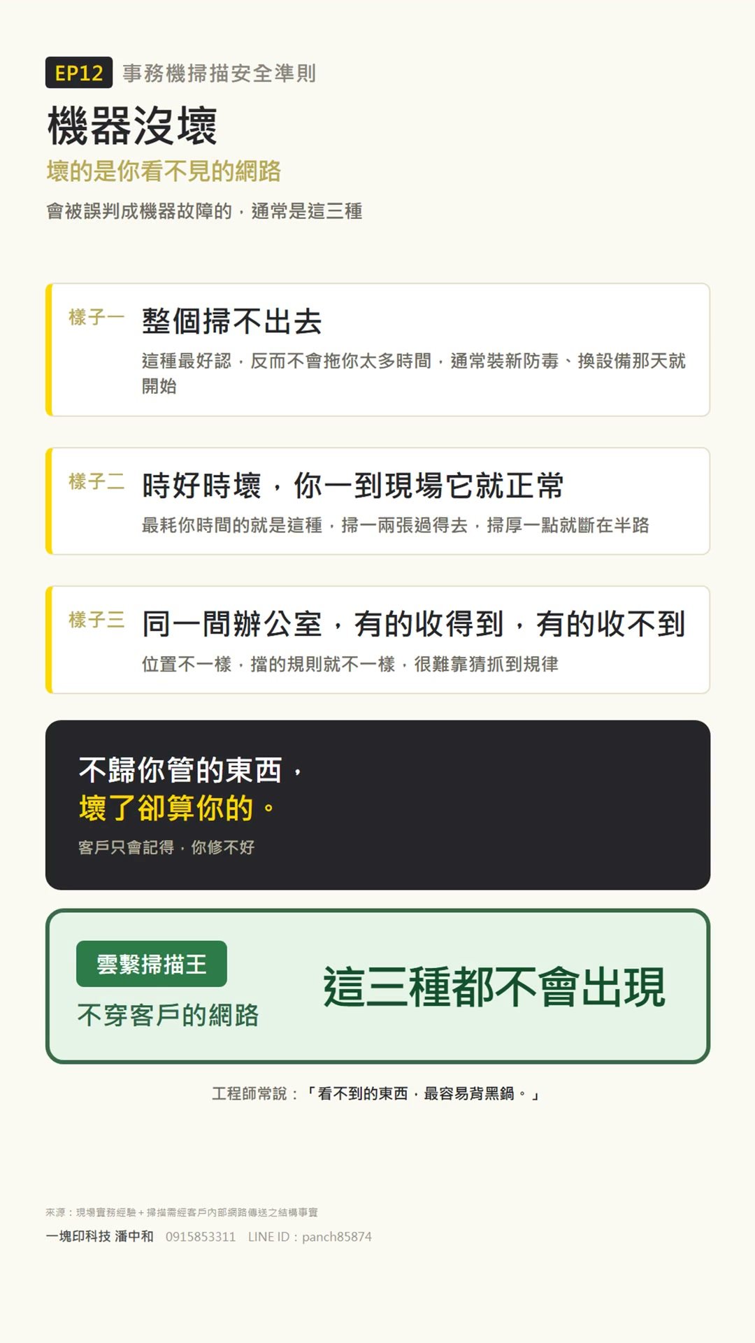 防火牆擋掃描三種樣子對照卡：整個掃不出去、時好時壞、同辦公室部分電腦收不到
